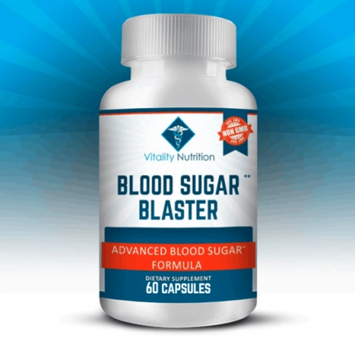 Blood Sugar Blaster supplement bottle with blue and red label